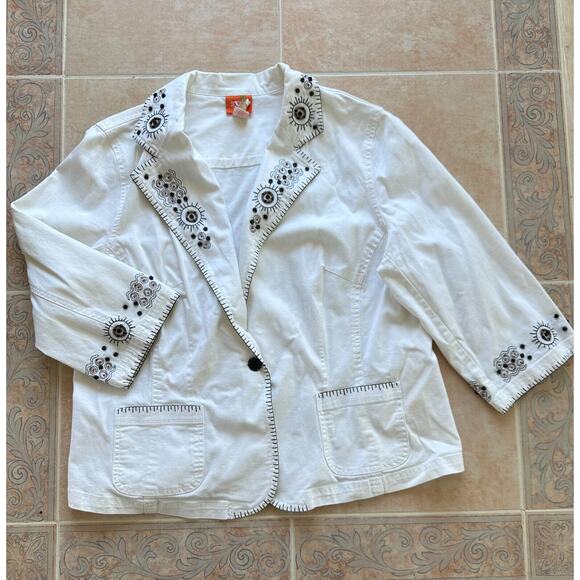 Hearts of Palm White Brown Wood Beads Pockets 3/4 Sleeve Cropped Jacket size 16W - Picture 1 of 13